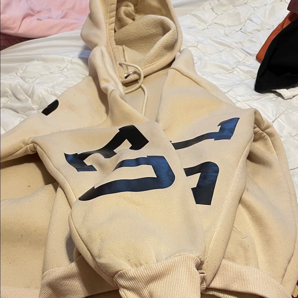 Beige Hoodie with Black Print